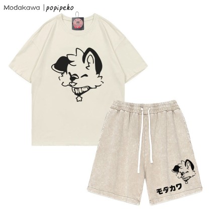 MODAKAWA X popipeko Puppy Letter T-shirt Vintage Washed Shorts Two Pieces Set - Apricot - 3XL - image 1