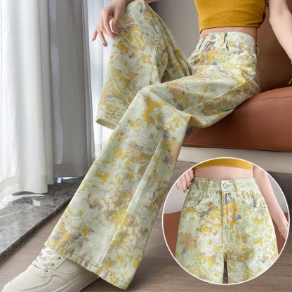 Vintage Flower Print Denim Pants - image 1