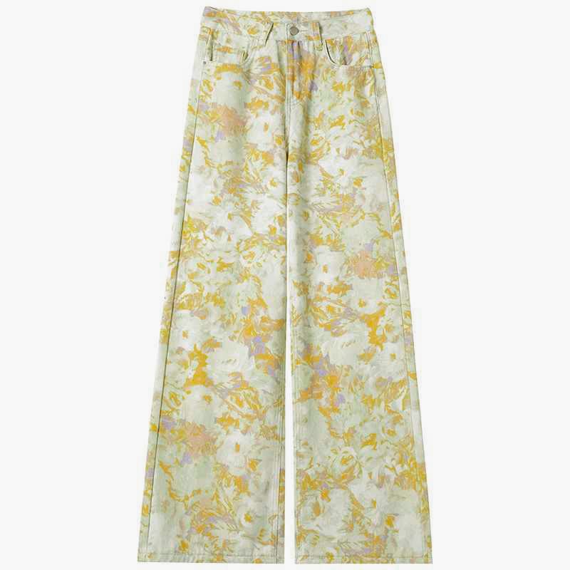 Vintage Flower Print Denim Pants - Yellow - 2XL - image 2