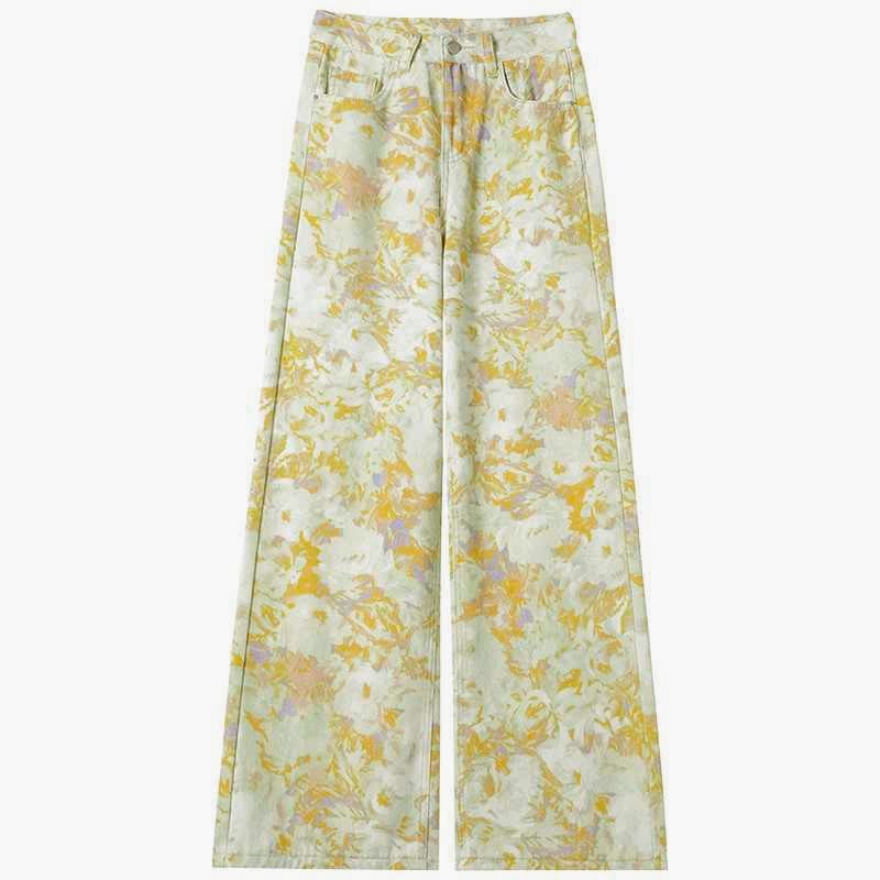Vintage Flower Print Denim Pants - Yellow - 2XL - image 2