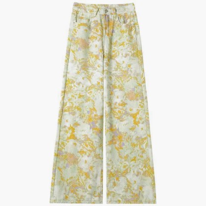Vintage Flower Print Denim Pants - Yellow - 2XL - image 2