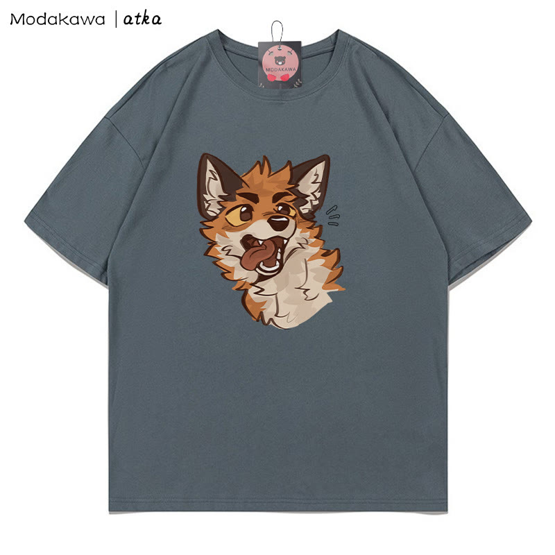 MODAKAWA X atka Playful Fox Face Graphic T-shirt - Grey - 5XL - image 1