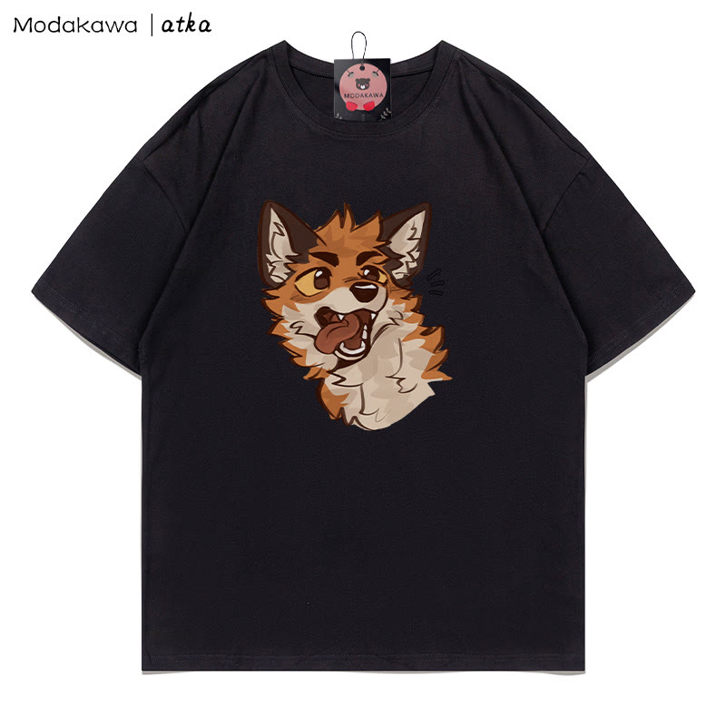 MODAKAWA X atka Playful Fox Face Graphic T-shirt - Black - 5XL - image 4