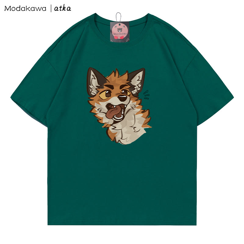 MODAKAWA X atka Playful Fox Face Graphic T-shirt - Olive Green - 5XL - image 3