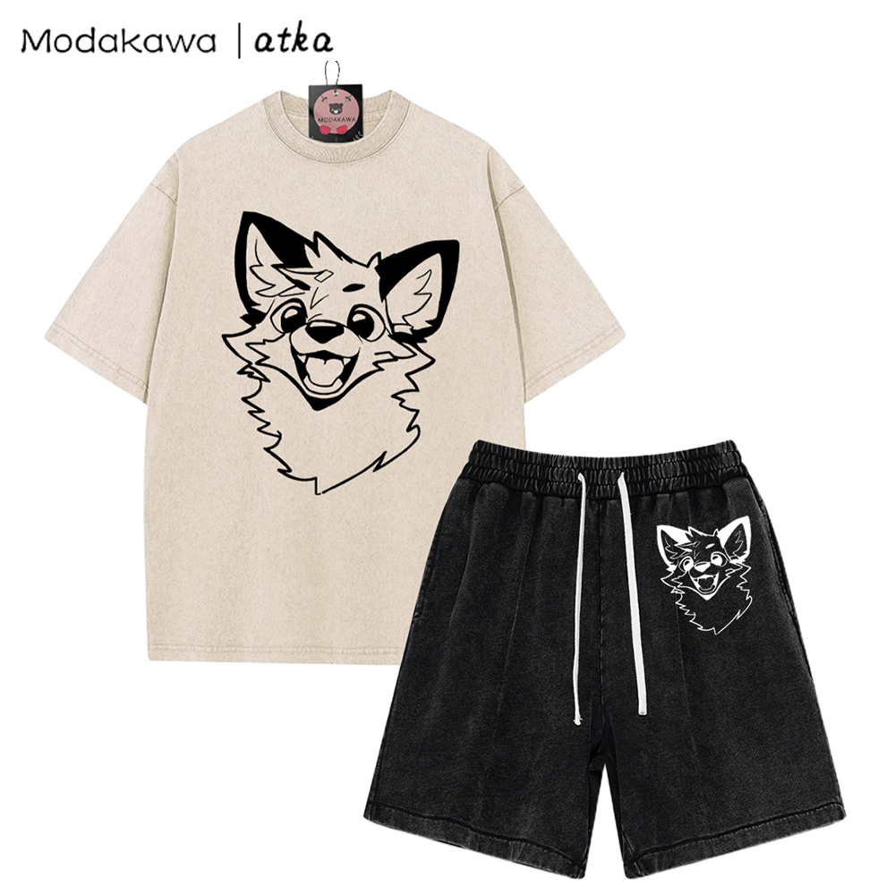 MODAKAWA X atka Fox T-shirt Vintage Washed Shorts Two Pieces Set - Apricot&Black - 3XL - image 3