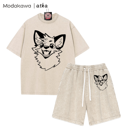 MODAKAWA X atka Fox T-shirt Vintage Washed Shorts Two Pieces Set - Apricot - 3XL - image 4
