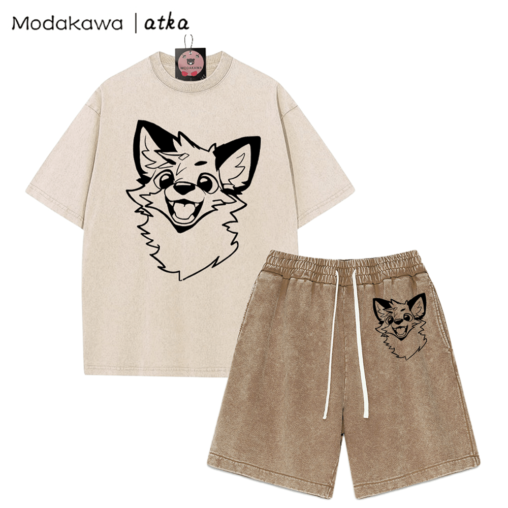 MODAKAWA X atka Fox T-shirt Vintage Washed Shorts Two Pieces Set - Apricot&Brown - 3XL - image 1