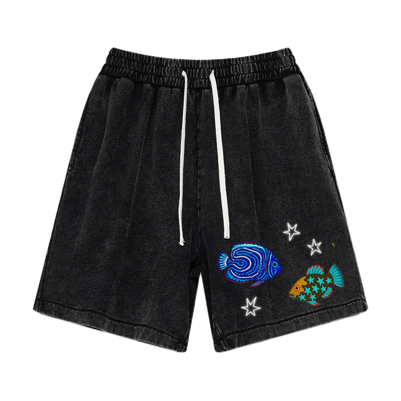 Fish Star Print Vintage Washed Shorts - Black - 3XL - image 3