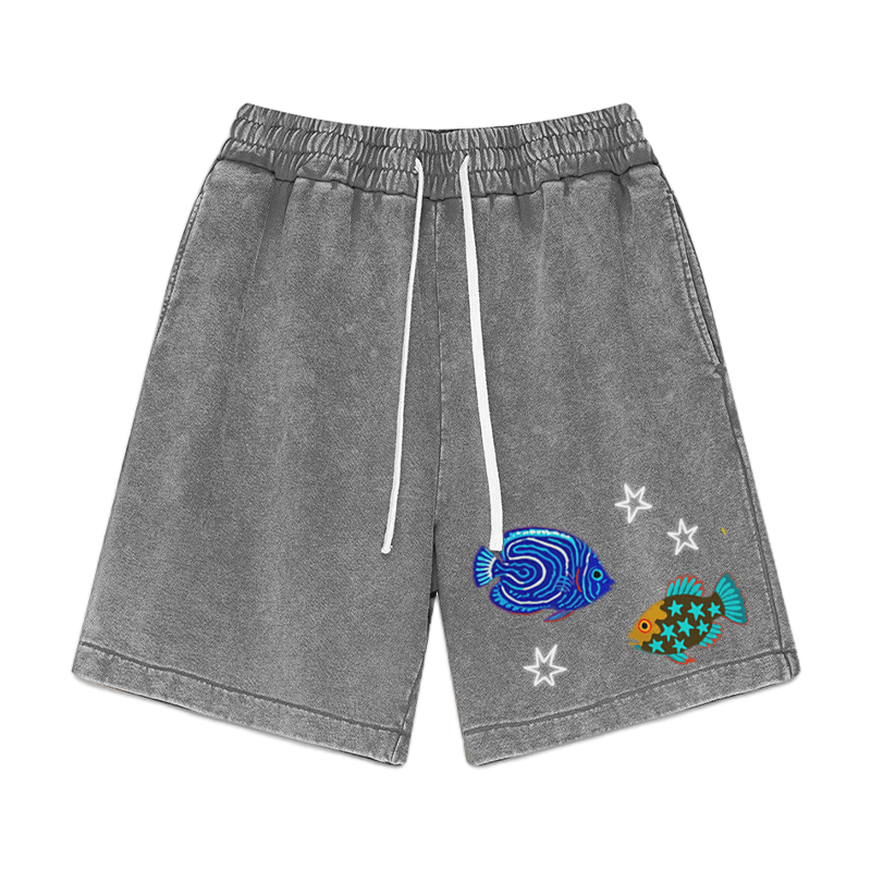Fish Star Print Vintage Washed Shorts - Grey - 3XL - image 1