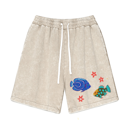 Fish Star Print Vintage Washed Shorts - Apricot - 3XL - image 4