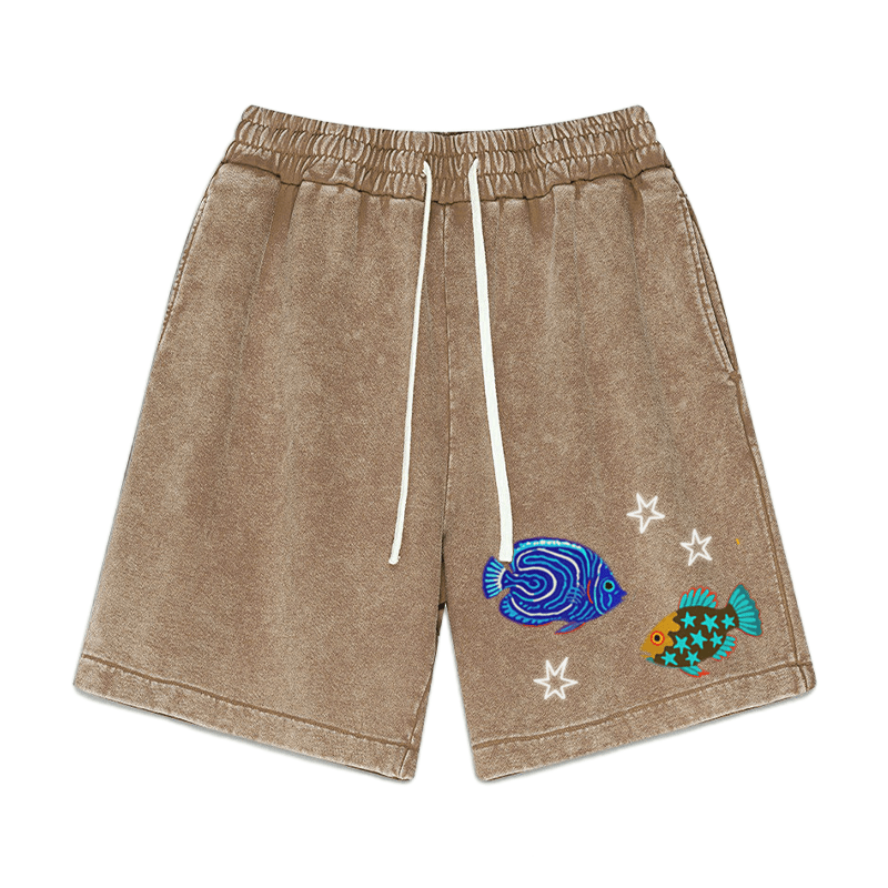 Fish Star Print Vintage Washed Shorts - Brown - 3XL - image 2