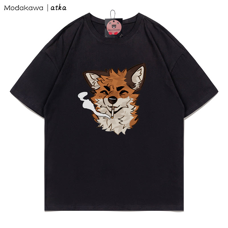 MODAKAWA X atka Fox Smoking Graphic T-shirt - Black - 5XL - image 2