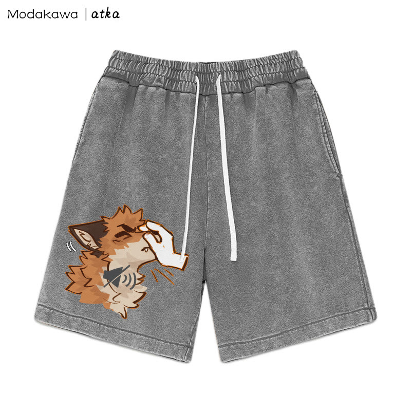 MODAKAWA X atka Funny' Shhh' Fox Graphic Vintage Washed Shorts - Grey - 3XL - image 1