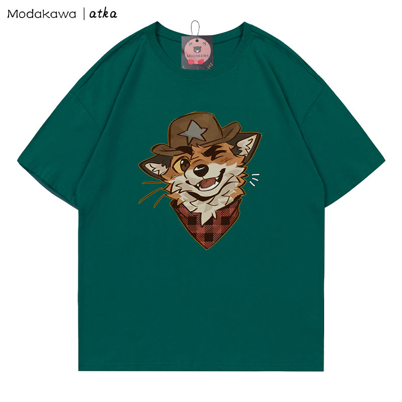 MODAKAWA X atka Cowboy Fox Winking Graphic T-shirt  - Olive Green - 5XL - image 4