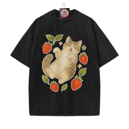 Kitty Strawberry Print Vintage Washed T-shirt - Black - 5XL - image 3
