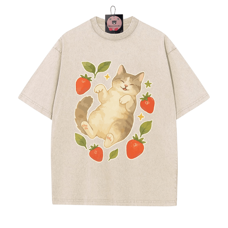 Kitty Strawberry Print Vintage Washed T-shirt - Apricot - 5XL - image 2