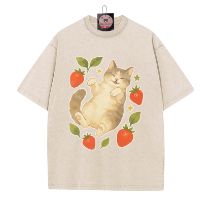 Kitty Strawberry Print Vintage Washed T-shirt - Apricot - 5XL - image 2