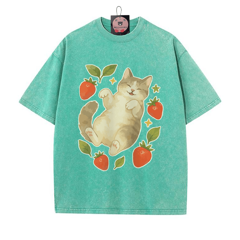 Kitty Strawberry Print Vintage Washed T-shirt - Green - 5XL - image 1