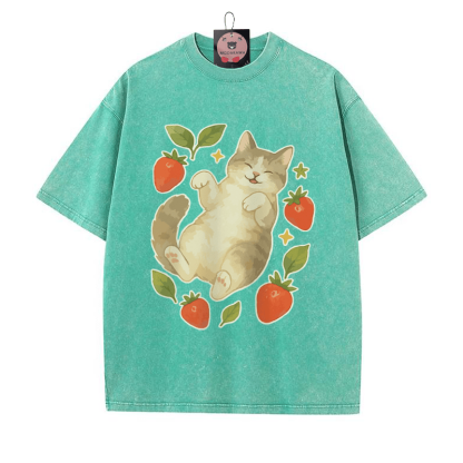 Kitty Strawberry Print Vintage Washed T-shirt - Green - 5XL - image 1