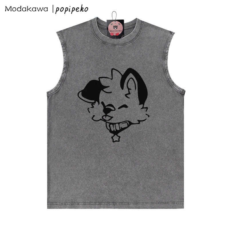 MODAKAWA X popipeko Puppy Graphic Unisex Vintage Washed Sleeveless T-Shirt - Grey - 2XL - image 1