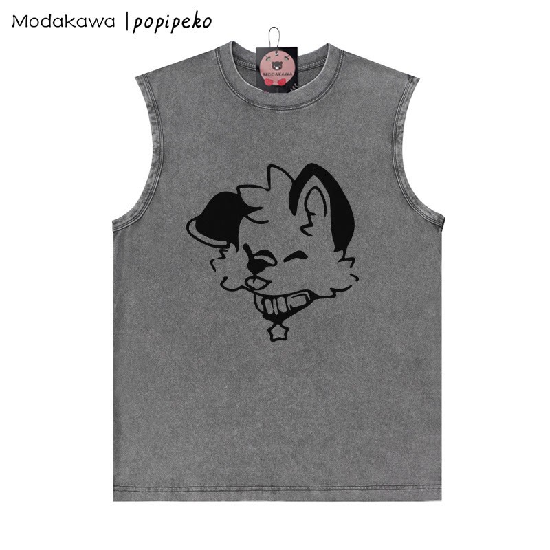 MODAKAWA X popipeko Puppy Graphic Unisex Vintage Washed Sleeveless T-Shirt - Grey - 2XL - image 1
