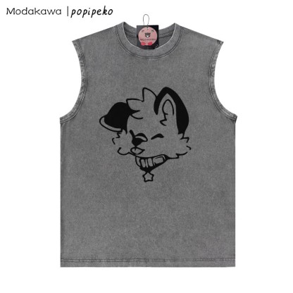MODAKAWA X popipeko Puppy Graphic Unisex Vintage Washed Sleeveless T-Shirt - Grey - 2XL - image 1