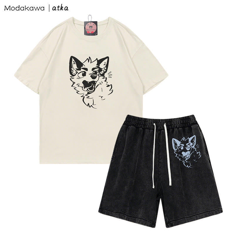 MODAKAWA X atka Playful Fox Face Graphic T-shirt Vintage Washed Shorts Two Pieces Set - Beige&Black - 3XL - image 2