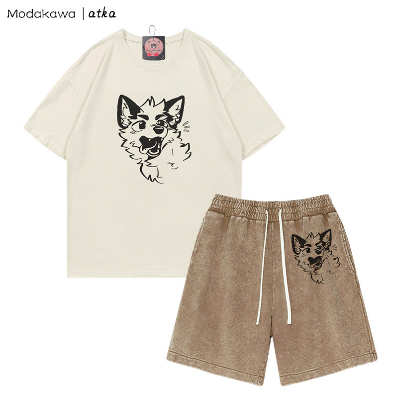 MODAKAWA X atka Playful Fox Face Graphic T-shirt Vintage Washed Shorts Two Pieces Set - Beige&Brown - 3XL - image 1