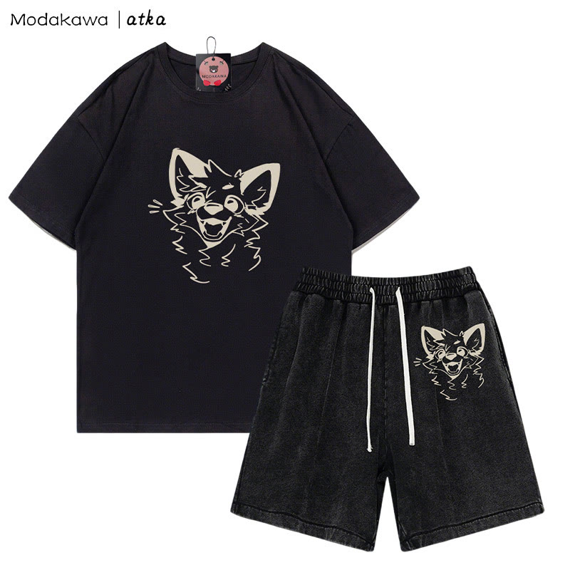 MODAKAWA X atka Cheerful Fox Graphic T-shirt Vintage Washed Shorts Two Pieces Set - Black - 3XL - image 2