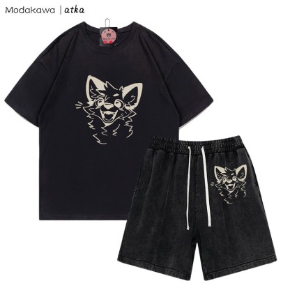 MODAKAWA X atka Cheerful Fox Graphic T-shirt Vintage Washed Shorts Two Pieces Set - Black - 3XL - image 2
