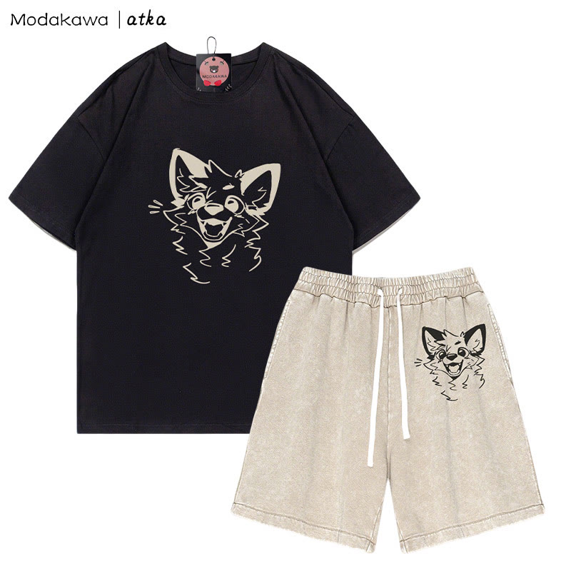 MODAKAWA X atka Cheerful Fox Graphic T-shirt Vintage Washed Shorts Two Pieces Set - Black&Apricot - 3XL - image 1