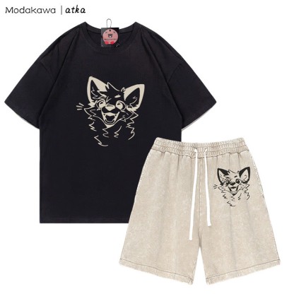 MODAKAWA X atka Cheerful Fox Graphic T-shirt Vintage Washed Shorts Two Pieces Set - Black&Apricot - 3XL - image 1