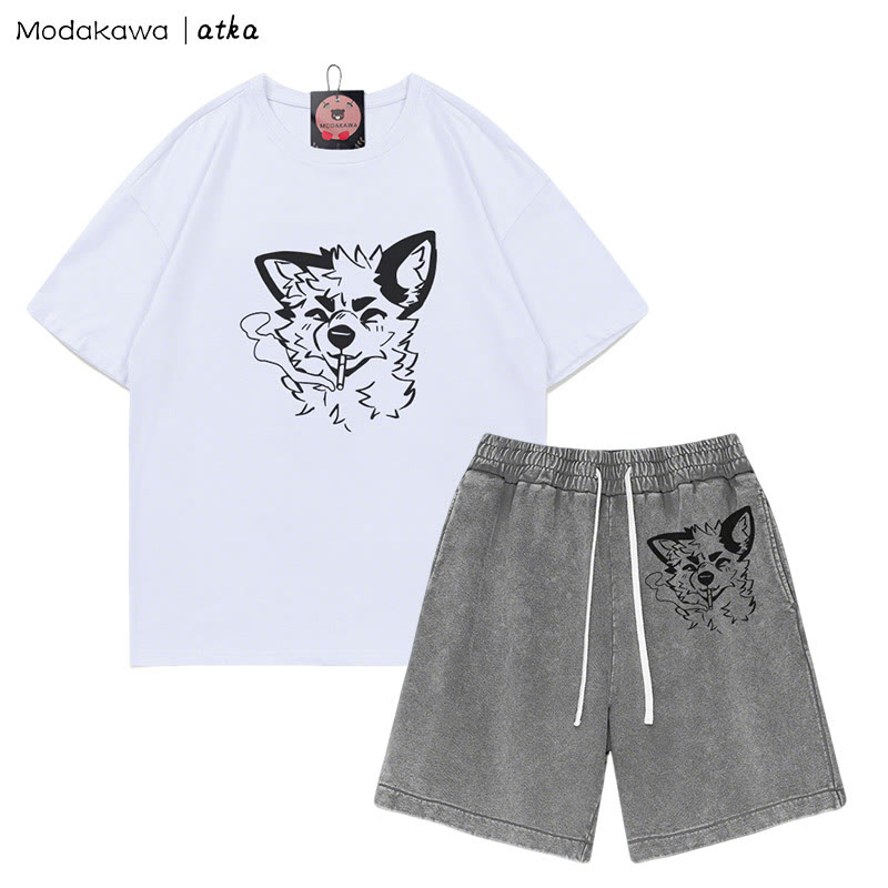 MODAKAWA X atka Fox Smoking Graphic T-shirt Vintage Washed Shorts Two Pieces Set - White&Grey - 3XL - image 2