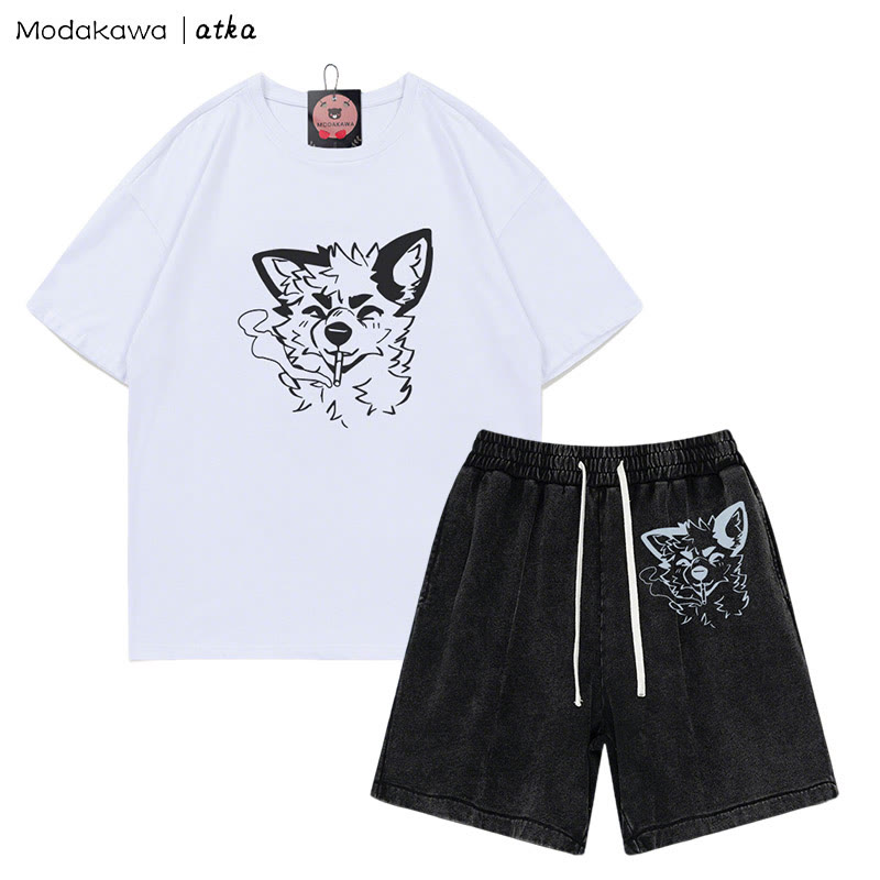 MODAKAWA X atka Fox Smoking Graphic T-shirt Vintage Washed Shorts Two Pieces Set - White&Black - 3XL - image 1