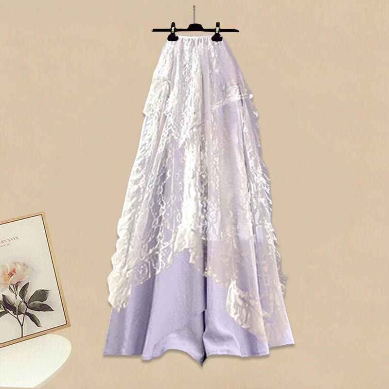 Knit Cardigan Sweater Lace Skirt Wide Leg Pantskirt Matching Outfit - Lace Skirt+Pantskirt - XL - image 2