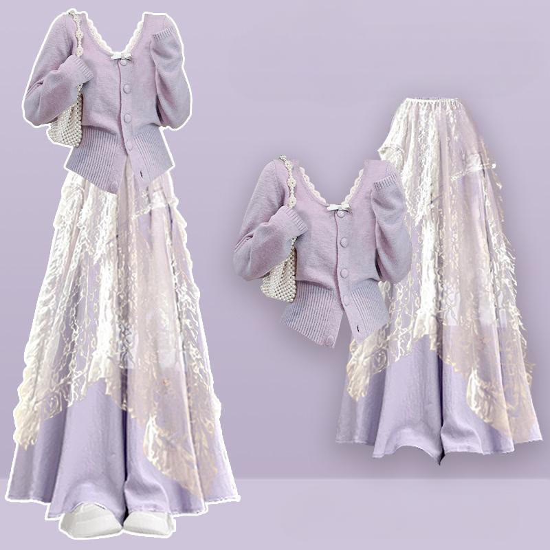 Knit Cardigan Sweater Lace Skirt Wide Leg Pantskirt Matching Outfit - Set - XL - image 1