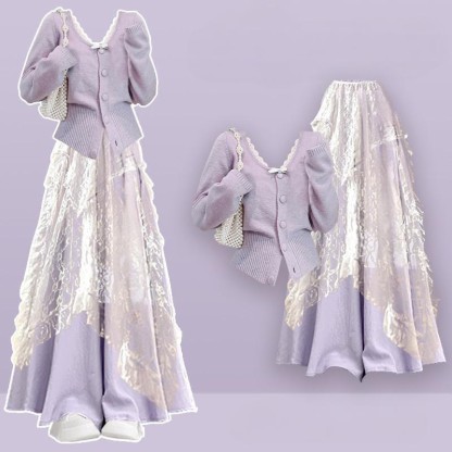 Knit Cardigan Sweater Lace Skirt Wide Leg Pantskirt Matching Outfit - Set - XL - image 1