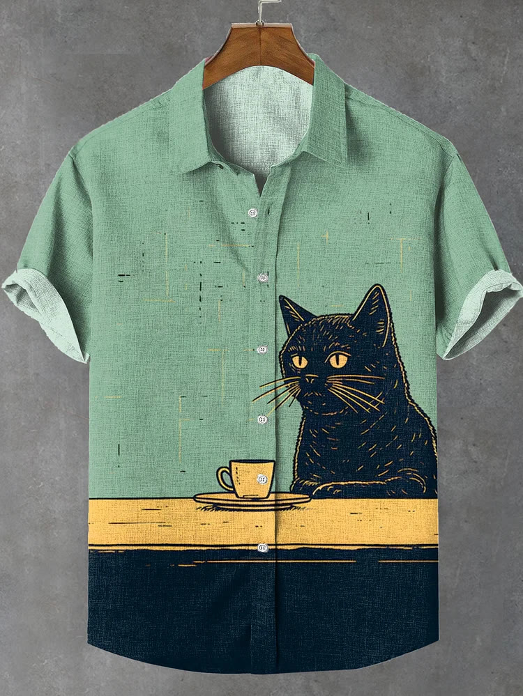 Black Cat Chilling Coffee Art Print Shirt - Green - 4XL - image 1