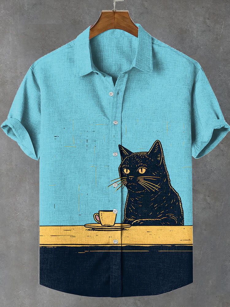 Black Cat Chilling Coffee Art Print Shirt - Blue - 4XL - image 4