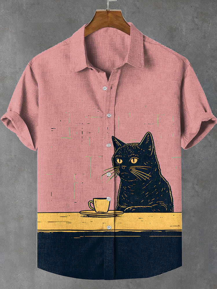 Black Cat Chilling Coffee Art Print Shirt - Pink - 4XL - image 3