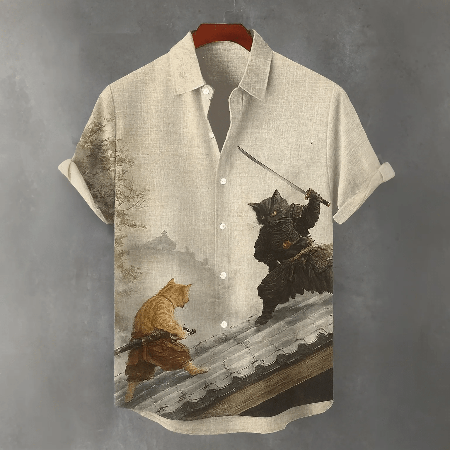 Cat Samurai Japanese Art Print Retro Short Sleeve Shirt - Beige - 4XL - image 1