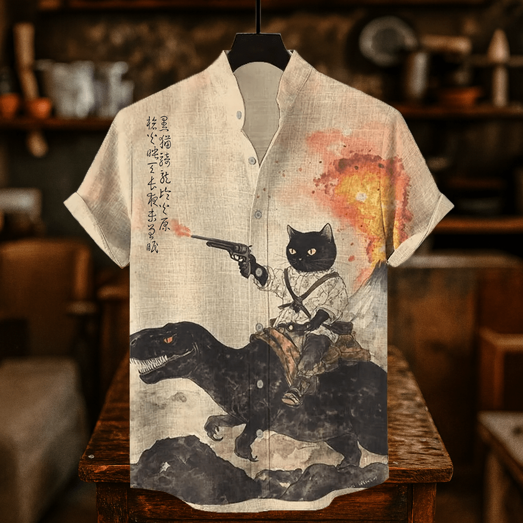 Classic Calligraphic Cat Volcano Burst Print Short Sleeve Shirt - Apricot - 4XL - image 1