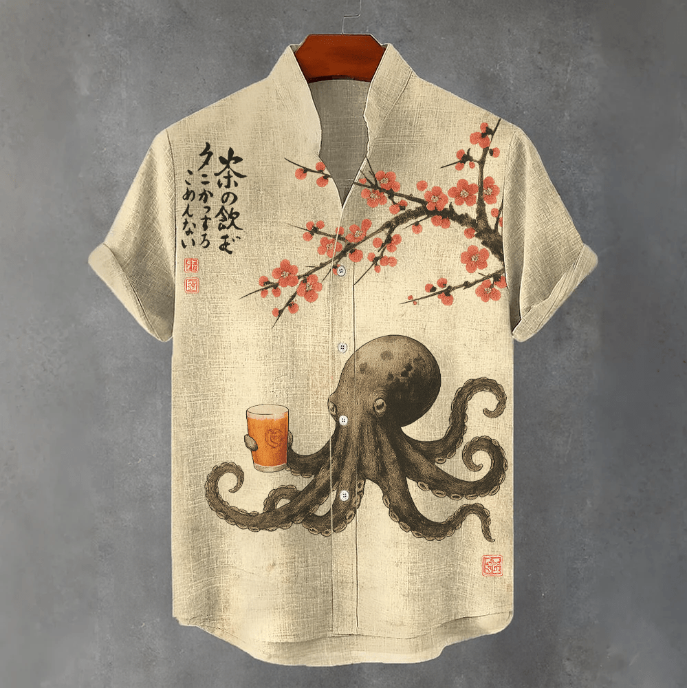 Octopus Tea Drinking Under Cherry Tree Art Print Shirt - Apricot - 4XL - image 1