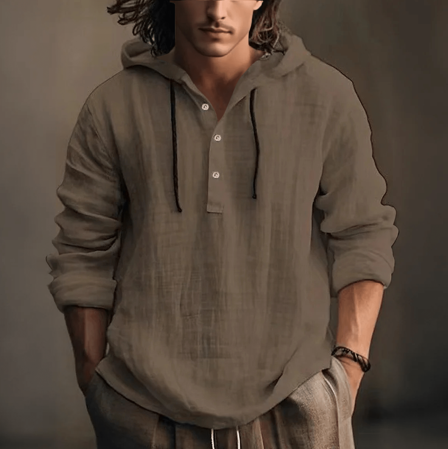 Solid Color Cotton Linen Blend Hooded Shirt - Brown - 3XL - image 2