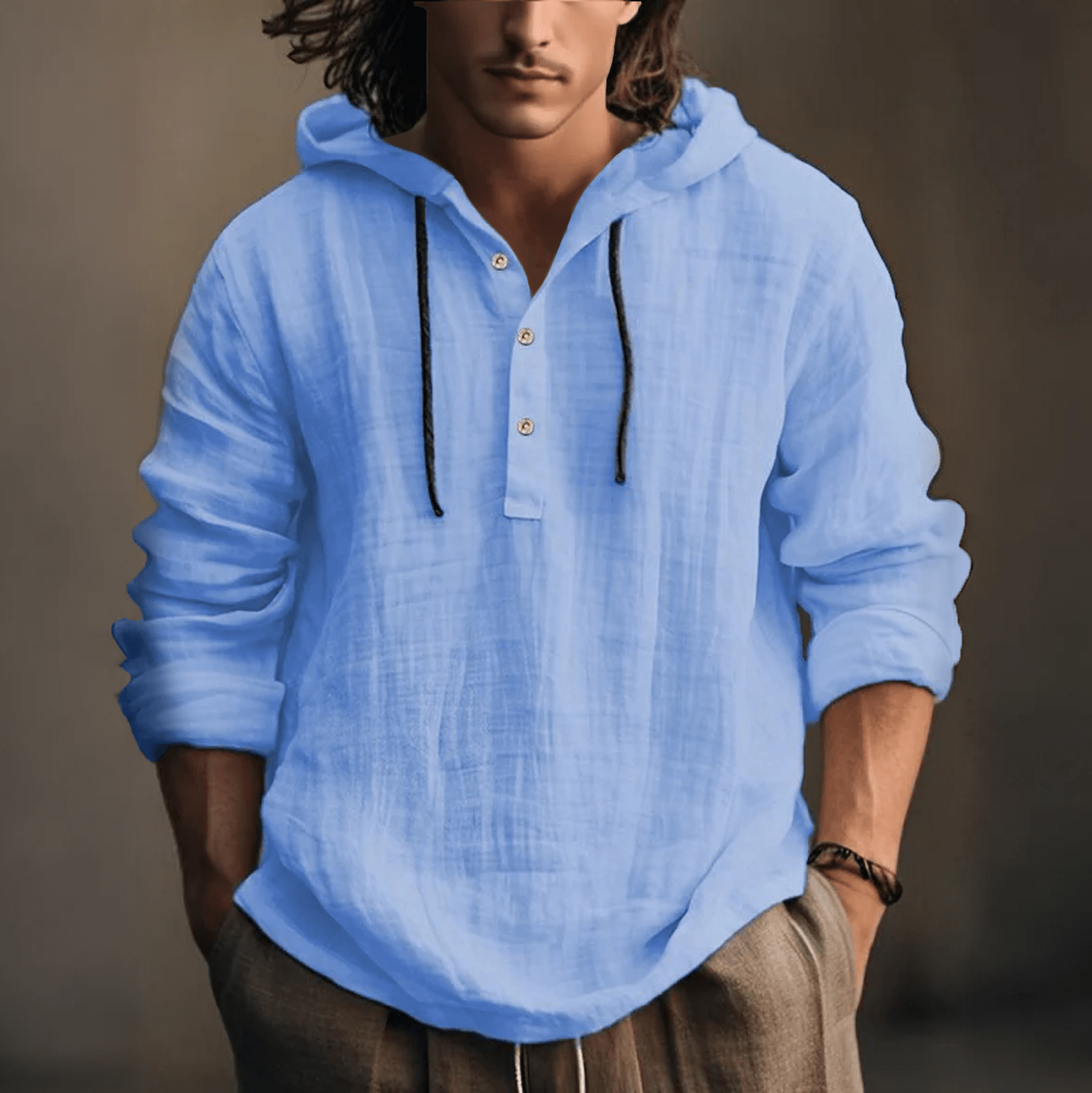 Solid Color Cotton Linen Blend Hooded Shirt - Blue - 3XL - image 4