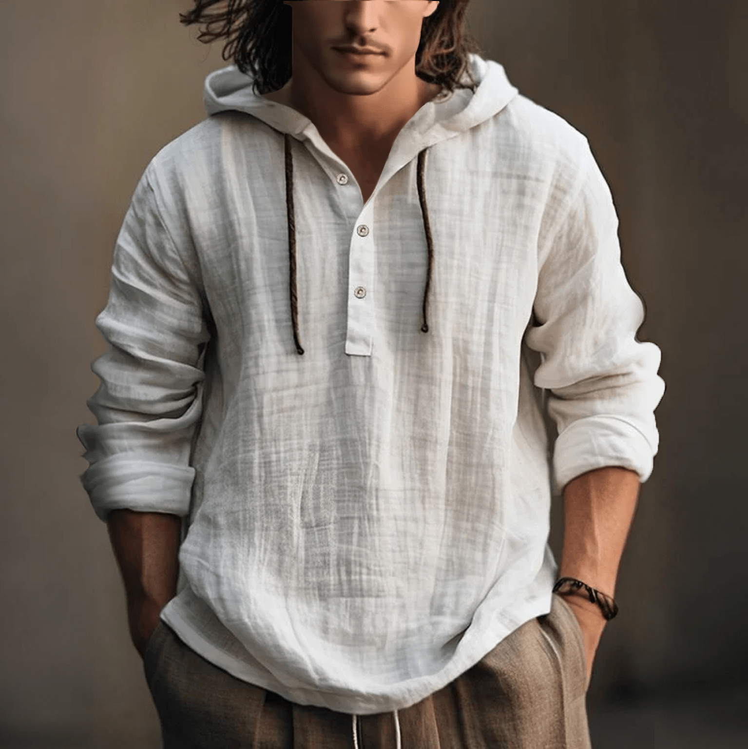 Solid Color Cotton Linen Blend Hooded Shirt - White - 3XL - image 1