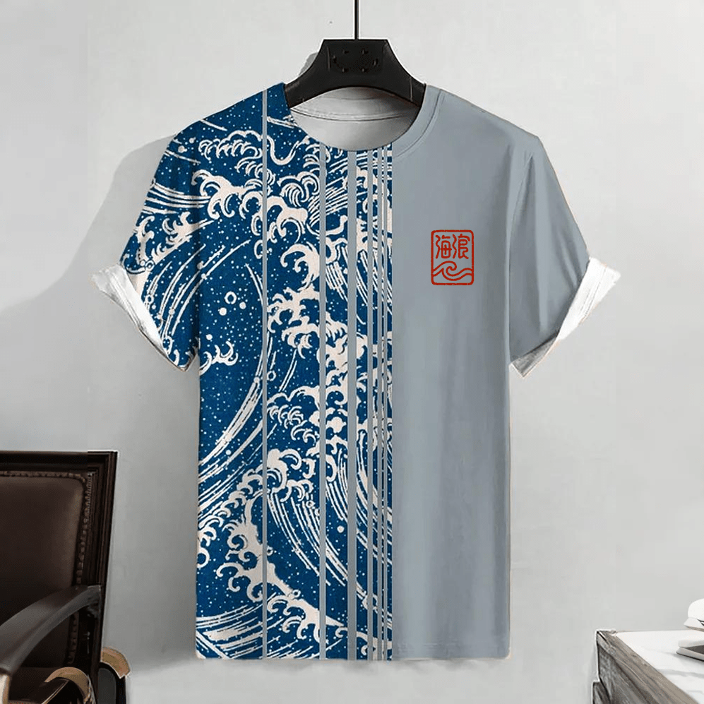 Ocean Wave Colorblock Graphic Casual Short Sleeve T-shirt - Grey - 5XL - image 2