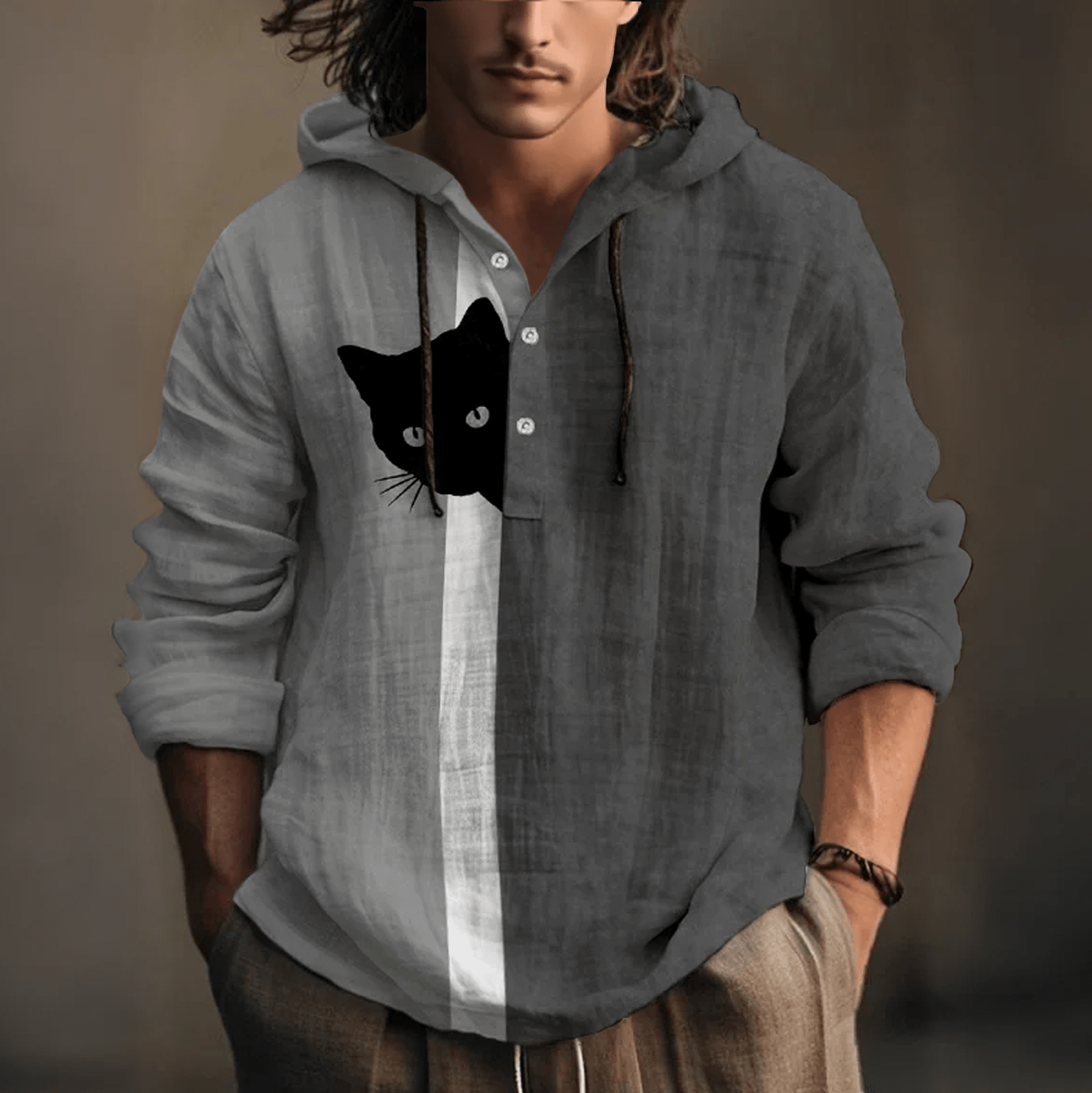 Playful Hide-and-Seek Black Cat Print Hoodie - Grey - 5XL - image 3