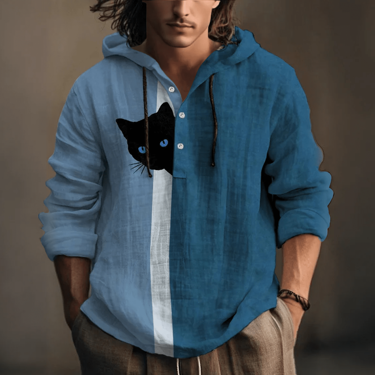 Playful Hide-and-Seek Black Cat Print Hoodie - Blue - 5XL - image 4