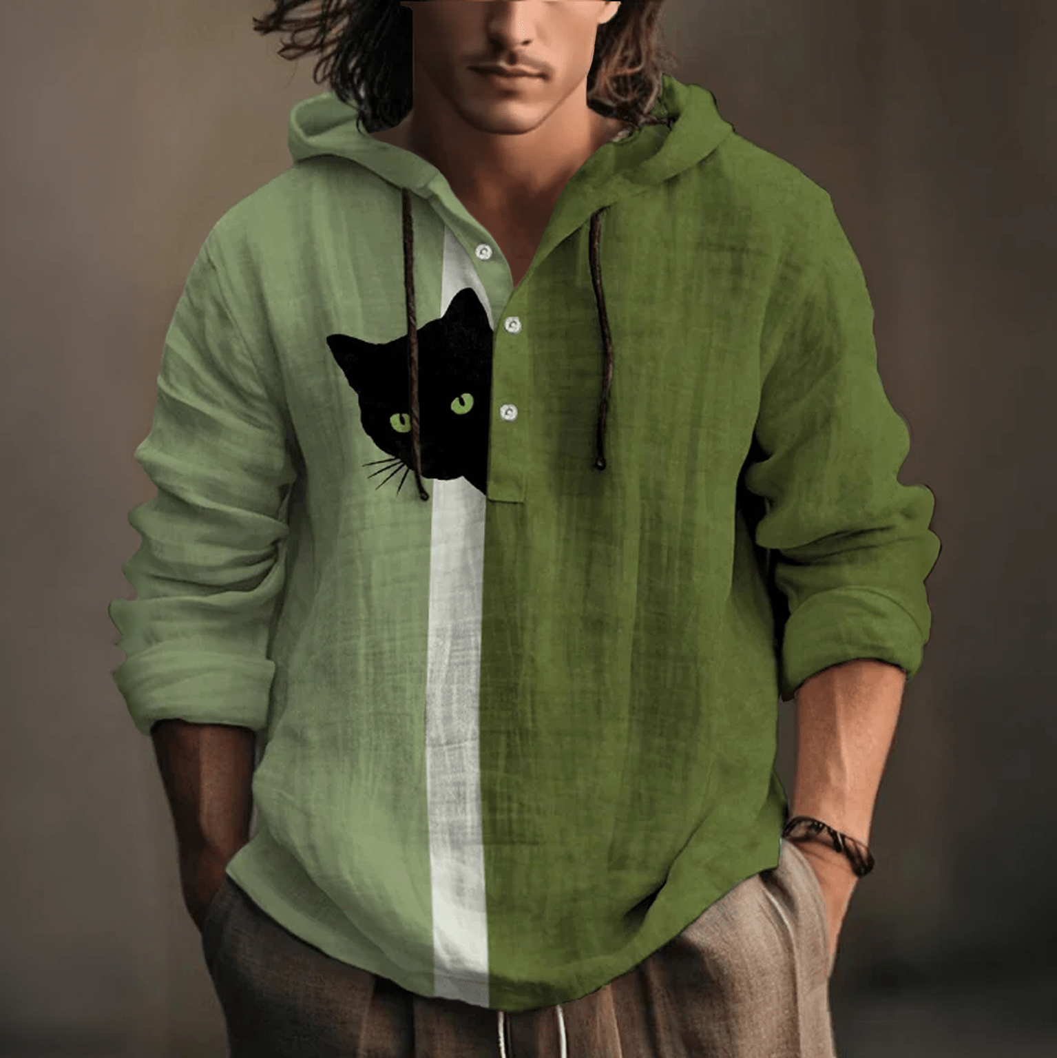 Playful Hide-and-Seek Black Cat Print Hoodie - Green - 5XL - image 2